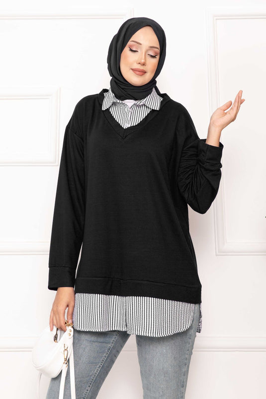 Striped Shirt-Detailed Black Tunic
