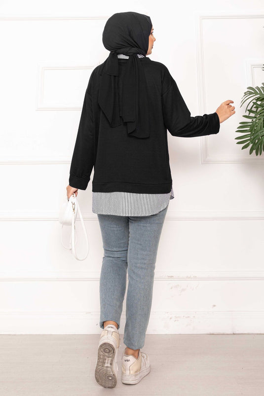 تونيك بقميص مخطط مزخرف - أسود