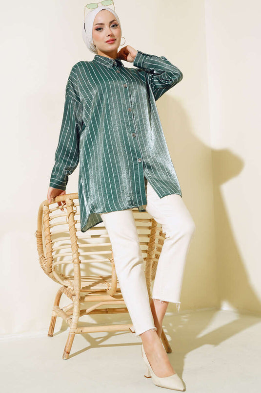 Çizgili Jakar Oversize Gömlek Zümrüt