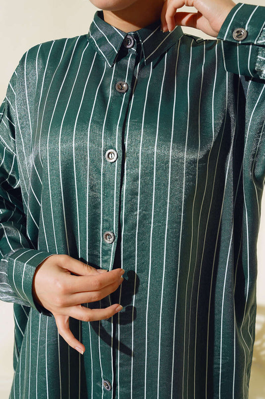 Çizgili Jakar Oversize Gömlek Zümrüt