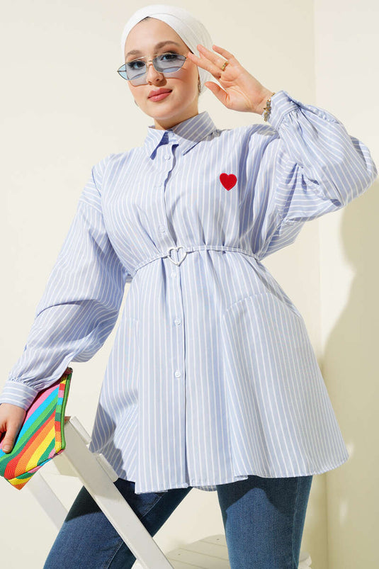 Gestreiftes Hemd mit Herz-Kordel-Krawatte Eisblau