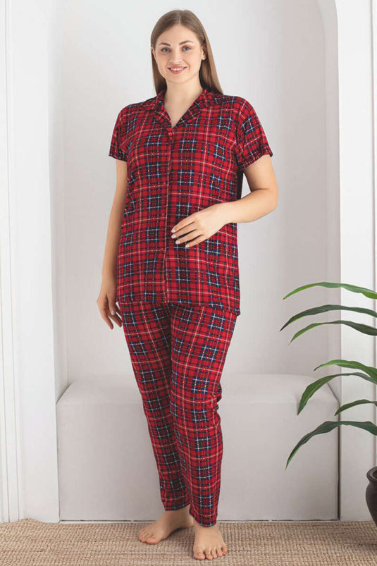 Çizgili Kare Desen Kısa Kol Büyük Beden Pijama Takım Kırmızı