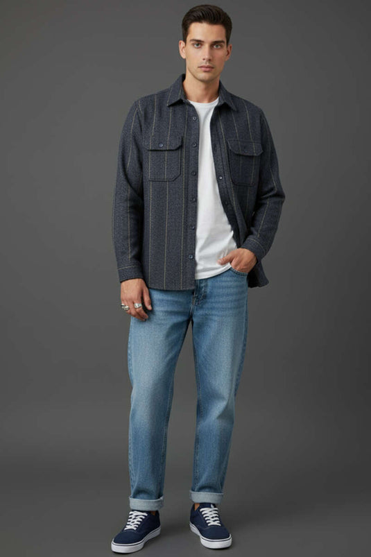 Chemise rayée en cachemire bleu marine