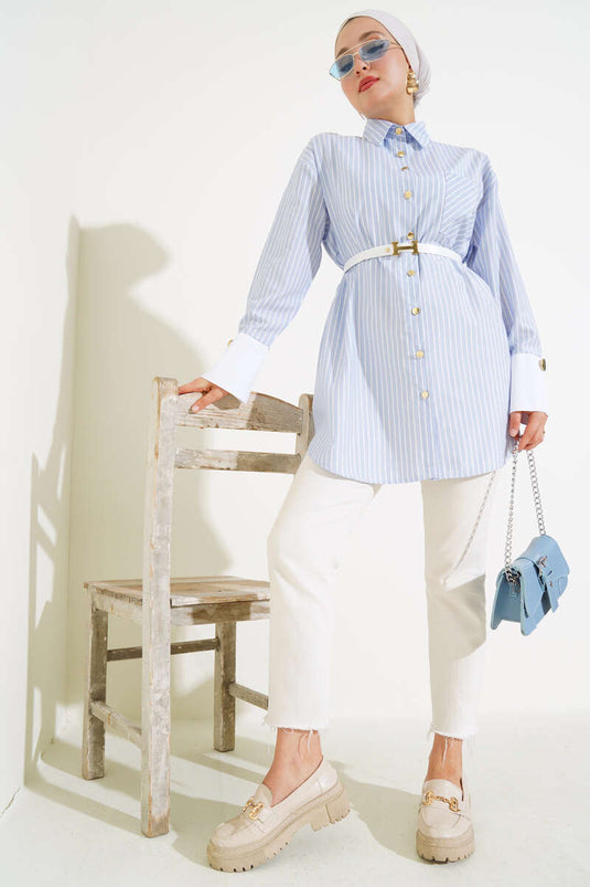 Gestreept Riem Shirt Ijsblauw