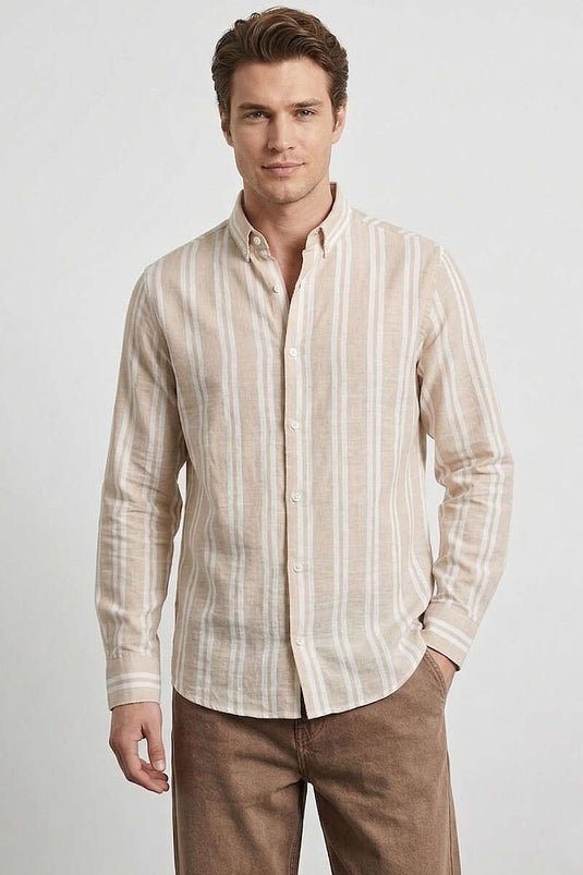 Gestreiftes Leinen-Herrenhemd Beige