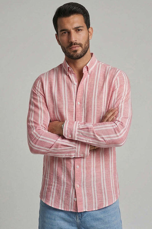 Striped Linen Men's Shirt Red