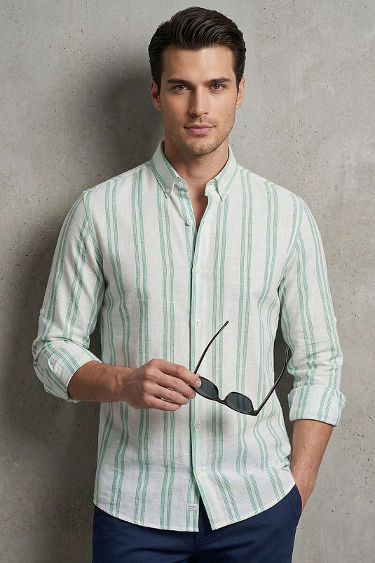 Striped Linen Men's Shirt Mint