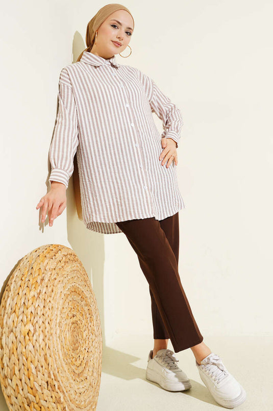 Striped Linen-Look Shirt Beige
