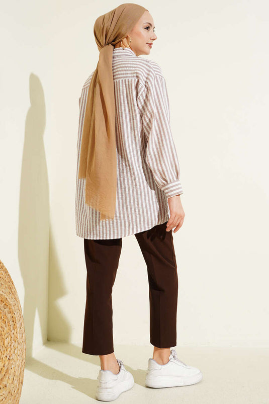 Striped Linen-Look Shirt Beige