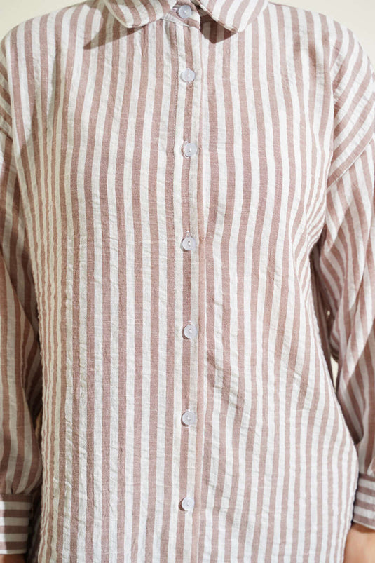 Striped Linen-Look Shirt Beige