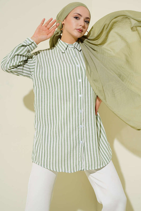 Striped Linen-Look Shirt in Pistachio Green