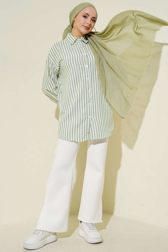 Striped Linen-Look Shirt in Pistachio Green