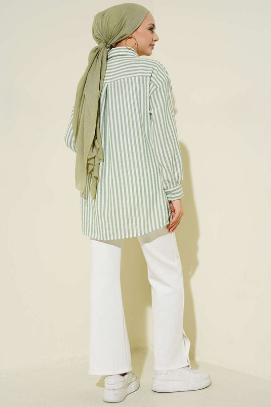 Striped Linen-Look Shirt in Pistachio Green