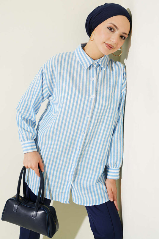Striped Linen-Look Shirt Blue