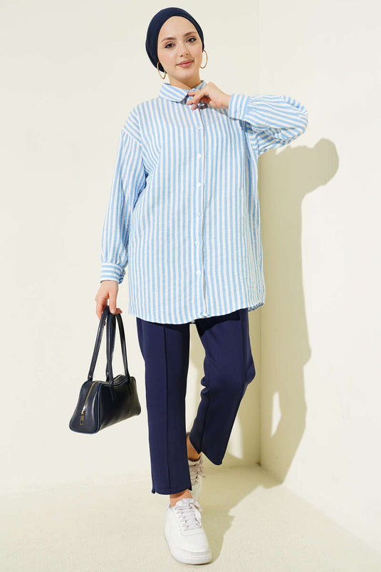 Striped Linen-Look Shirt Blue