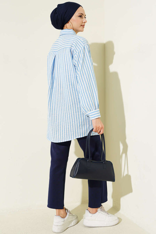 Striped Linen-Look Shirt Blue