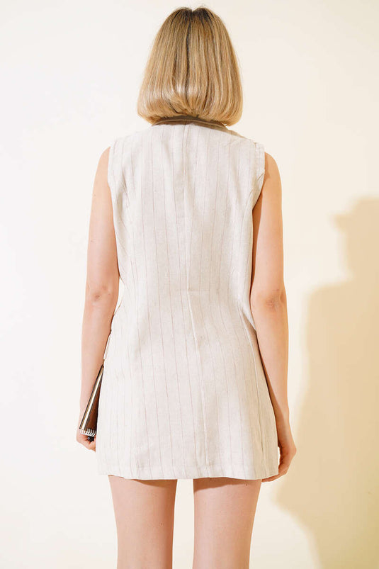 Gestreept linnen vest tweedelig pak beige