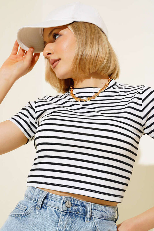 Striped Short Sleeve Crop Ecru