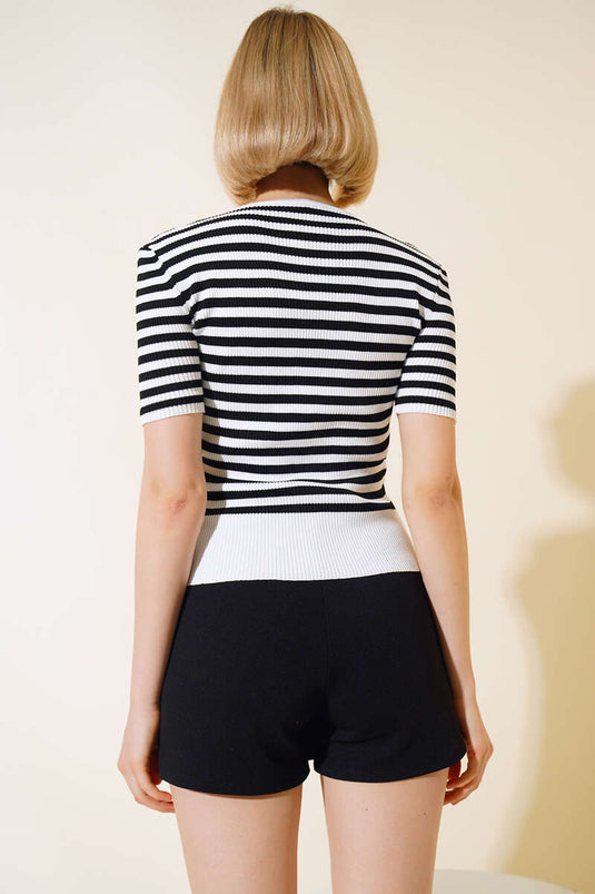 Striped Short Sleeve Knit Bodysuit White