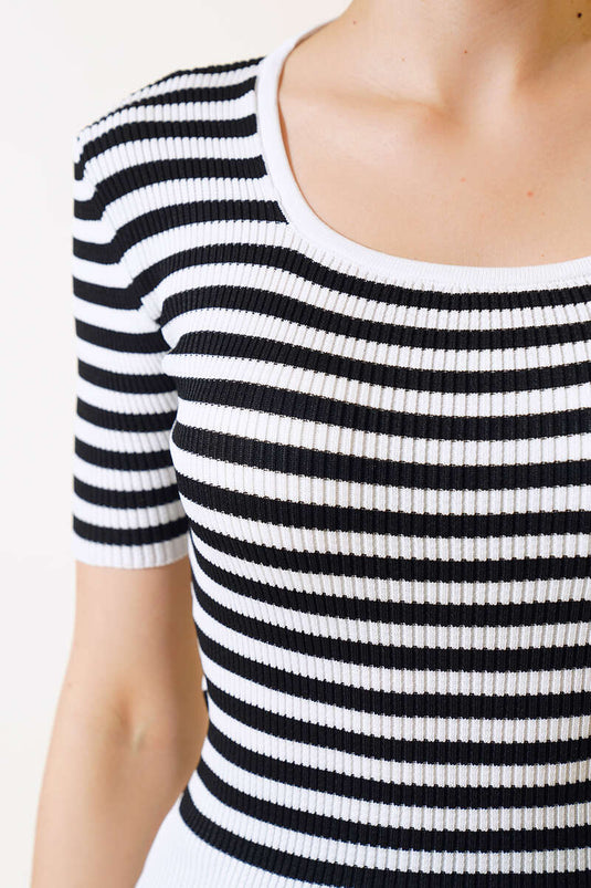 Striped Short Sleeve Knit Bodysuit White