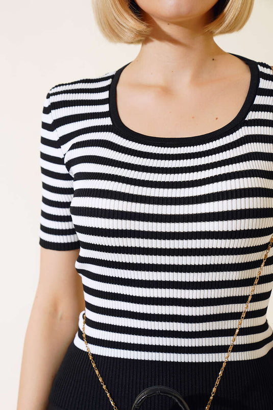 Striped Short Sleeve Knit Bodysuit Black
