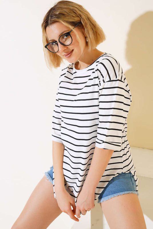 Çizgili Kısa Kol T-shirt Siyah