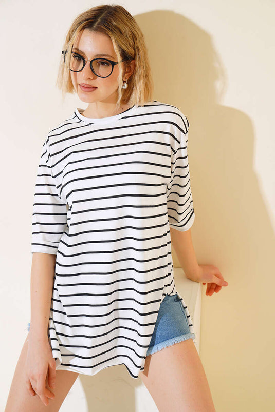 Çizgili Kısa Kol T-shirt Siyah