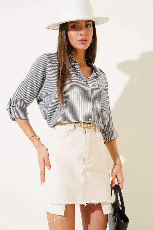 Striped Sleeve Fold Detail Shirt Black