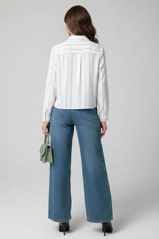 Striped Sleeve Folded Short Shirt White Gray