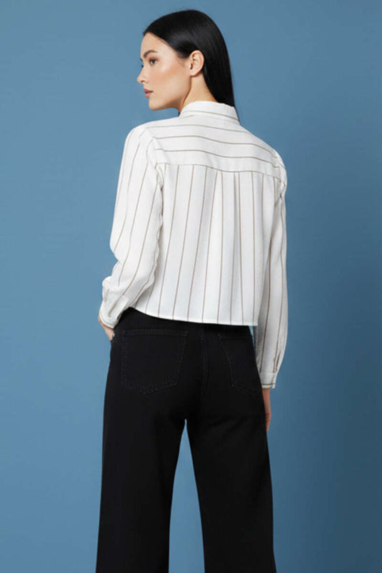 Striped Sleeve Folded Short Shirt White Coffee