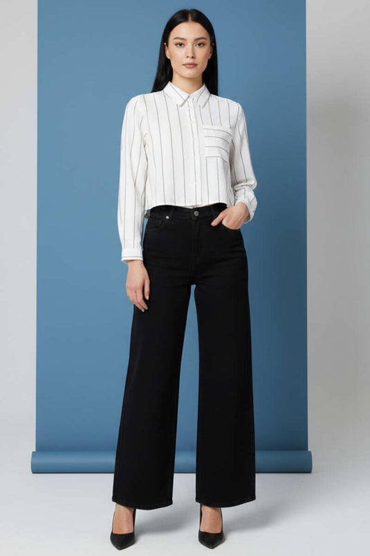 Striped Sleeve Folded Short Shirt White Coffee