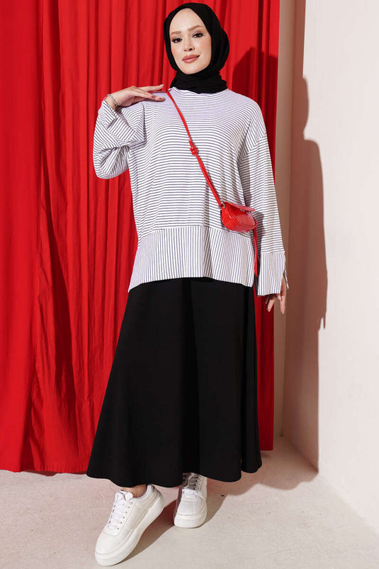 Striped Sleeve Split Tunic White