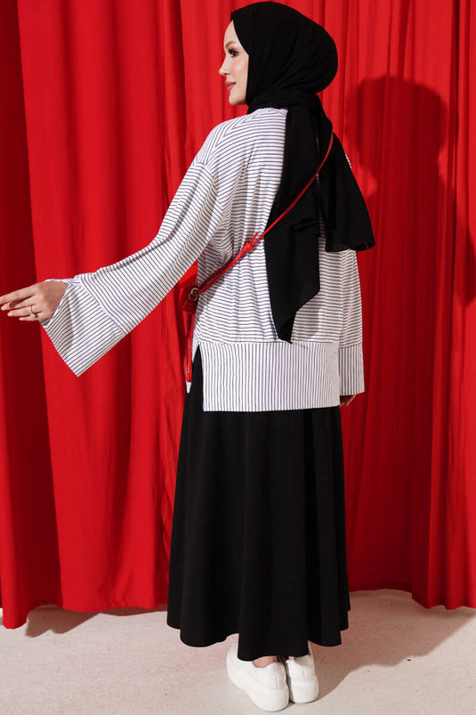 Striped Sleeve Split Tunic White