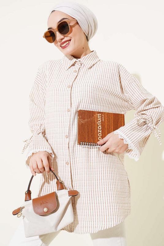 Striped Tunneled Sleeve Seersucker Shirt Beige