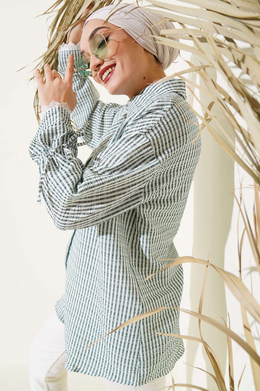 Striped Tunneled Sleeve Seersucker Shirt Almond Green