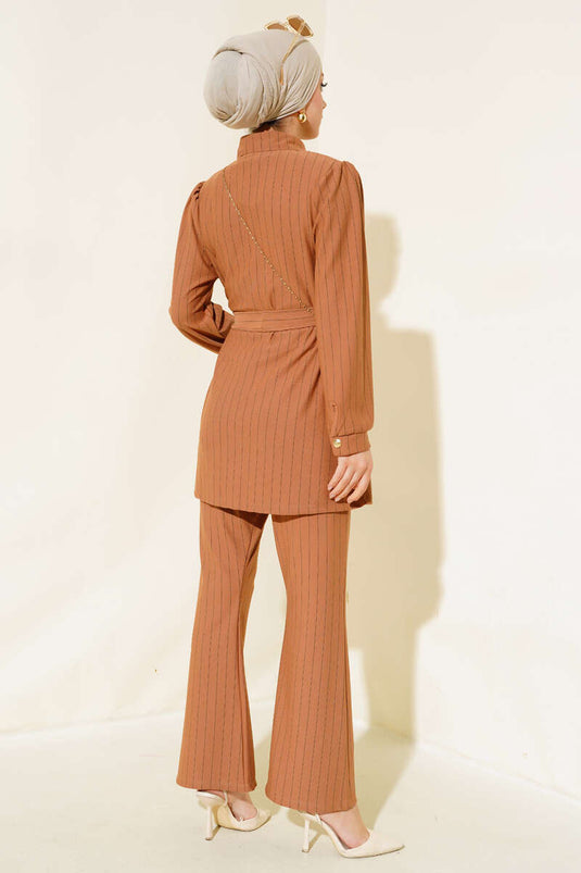 Striped Crepe Two-Piece Set Camel