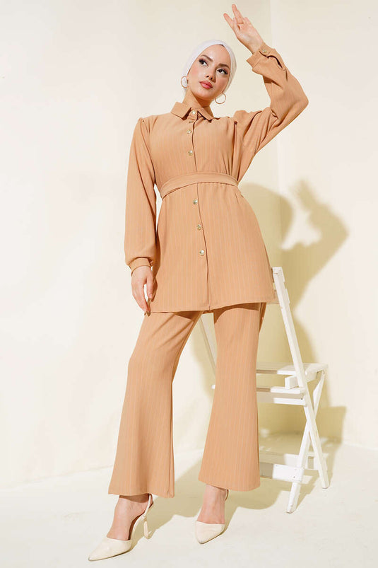 Striped Crepe Two-Piece Set Latte