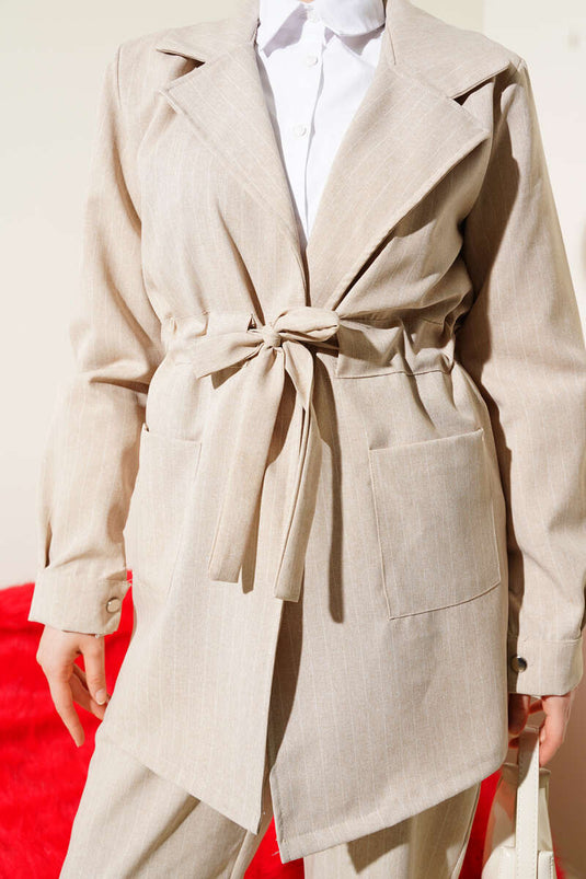 Striped Double-Breasted Jacket Two-Piece Suit Beige