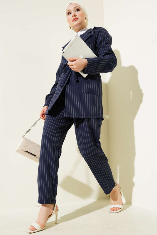 Striped Double-Breasted Jacket Two-Piece Suit Navy Blue