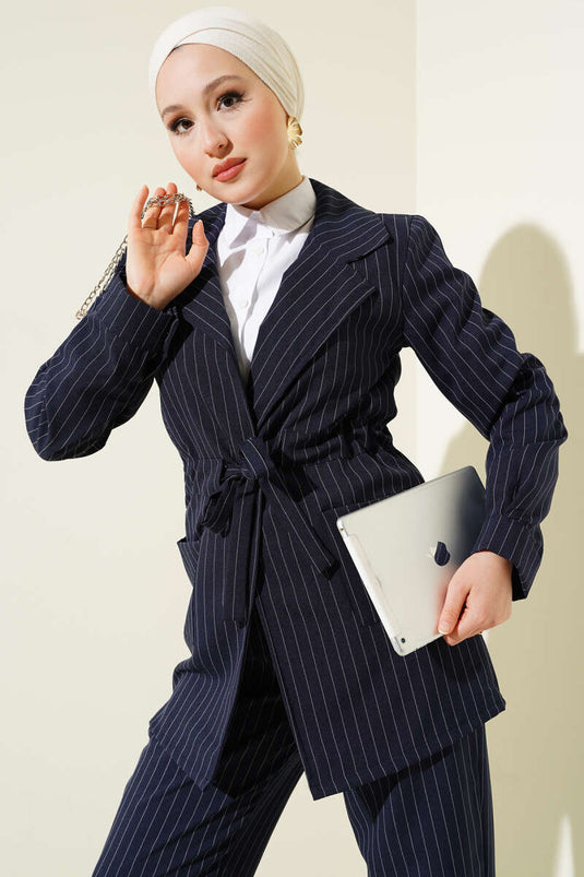 Çizgili Kruvaze Yaka Ceketli İkili Takım Lacivert