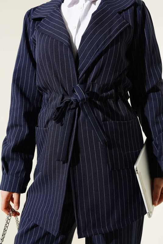 Striped Double-Breasted Jacket Two-Piece Suit Navy Blue