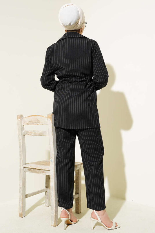 Çizgili Kruvaze Yaka Ceketli İkili Takım Siyah