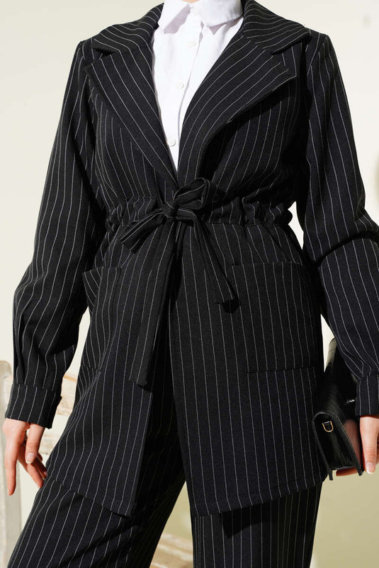 Striped Double-Breasted Jacket Two-Piece Suit Black