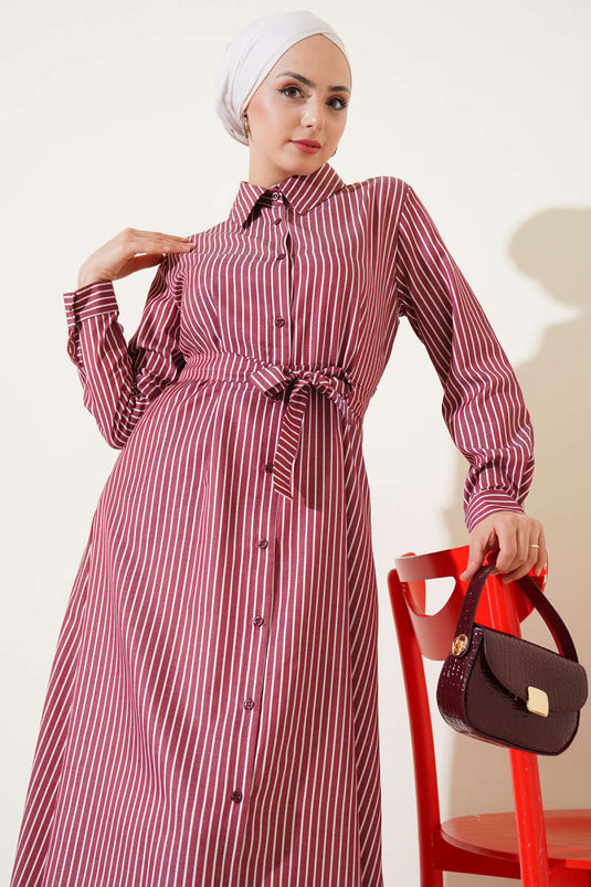 Gestreiftes Kleid Mit Gürtel Bordeaux