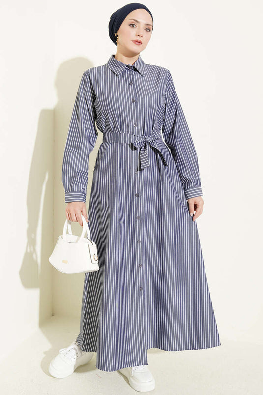 Gestreept Belted Jurk In Rookgrijs