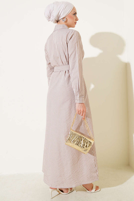 Striped Belted Dress Latte