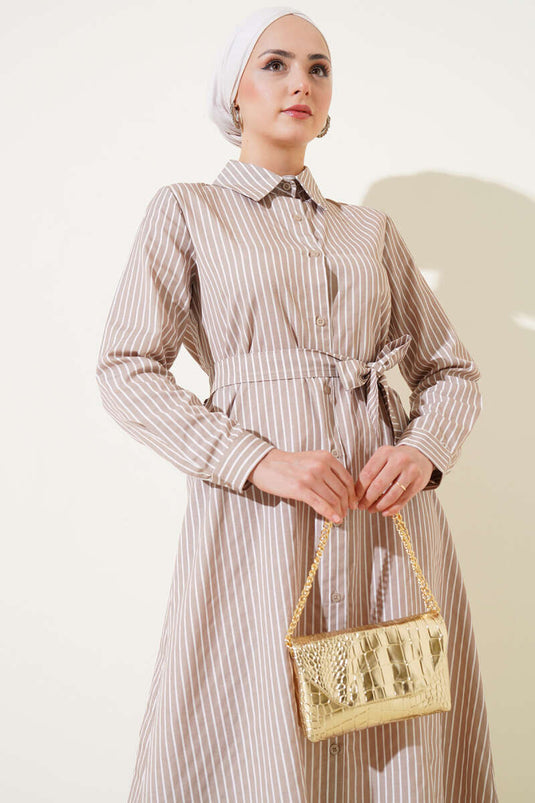 Striped Belted Dress Latte