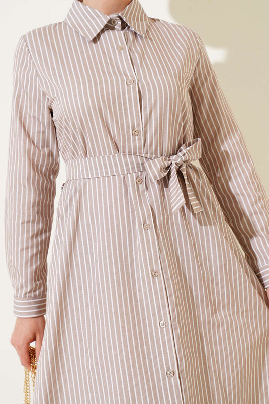Striped Belted Dress Latte