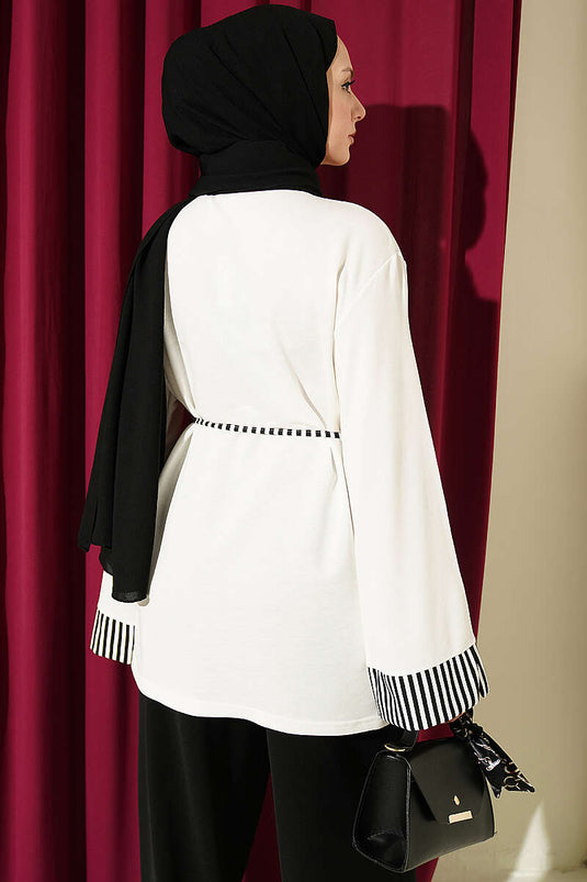 Gestreepte Tuniek Met Manchetten En Strikdetail In Ecru