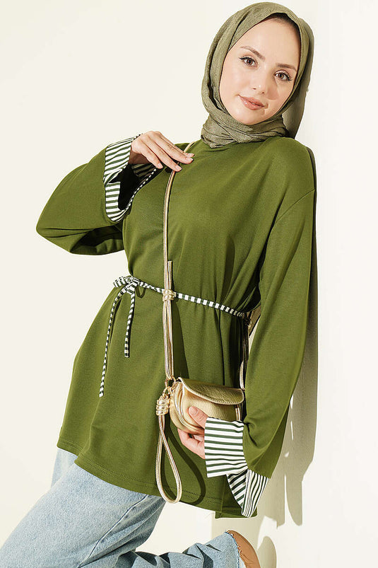 Striped Cuffed Tie-Detail Tunic In Khaki